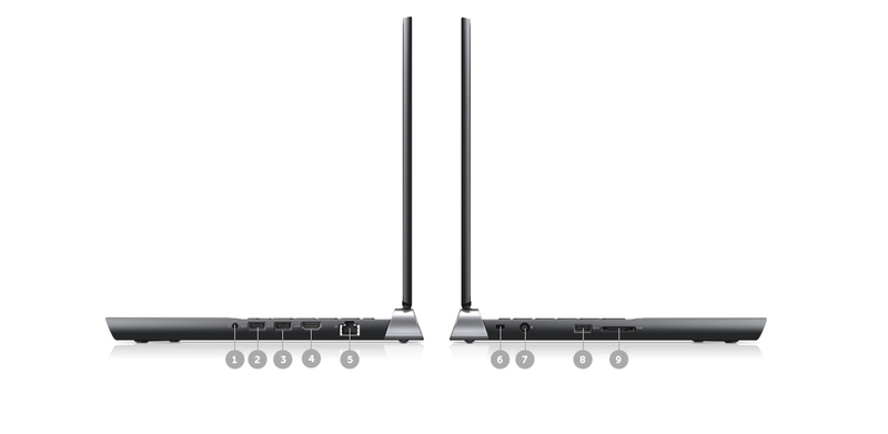 1.Combo Jack (Headset/Mic) | 2.USB 3.0 port | 3.USB 3.0 Powershare port | 4.HDMI | 5.Gigabit Ethernet | 6.Noble Lock Security Slot | 7.Power | 8.USB 3.0 port | 9.Media Card Reader